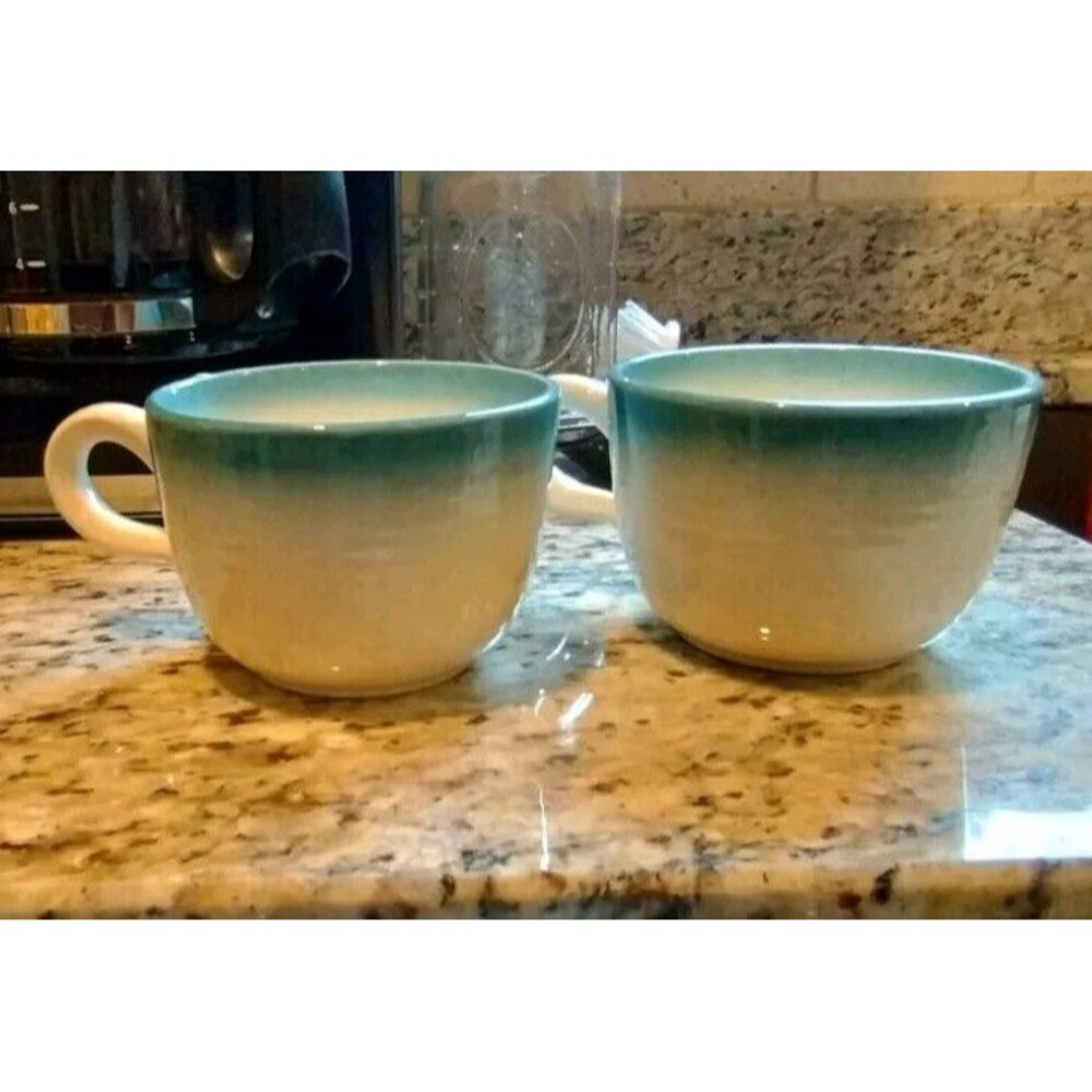 Homemade Hand-Painted Ceramic Coffee Tea Cup Mug Set White Cerulean Blue